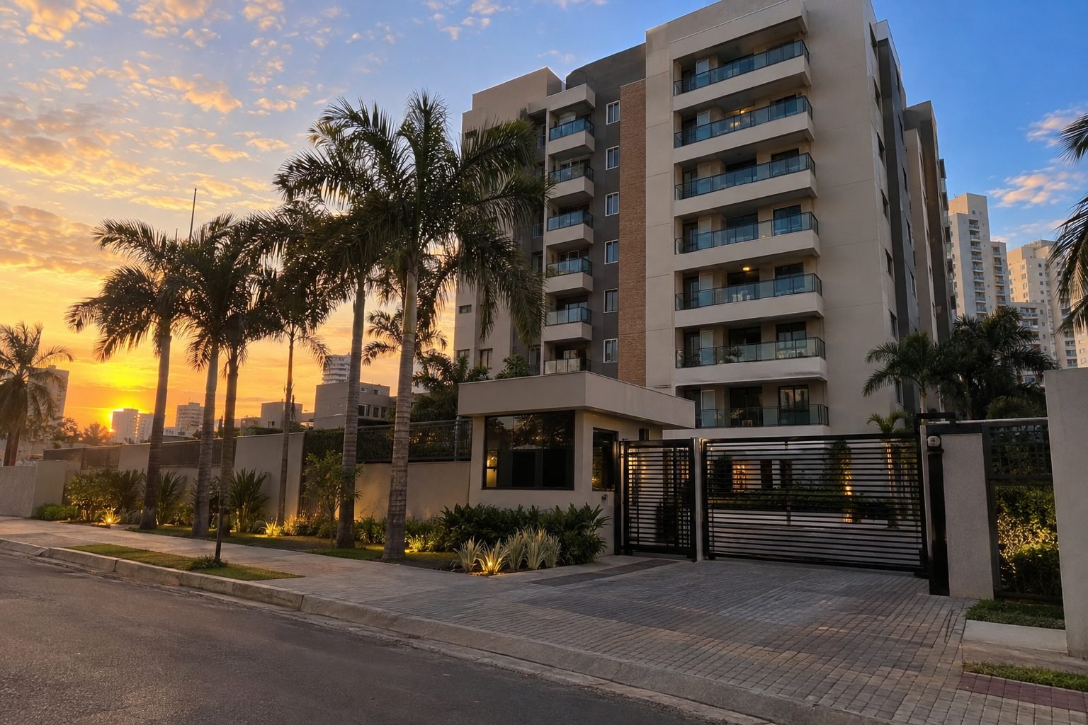 Fachada de condomínio residencial ao entardecer